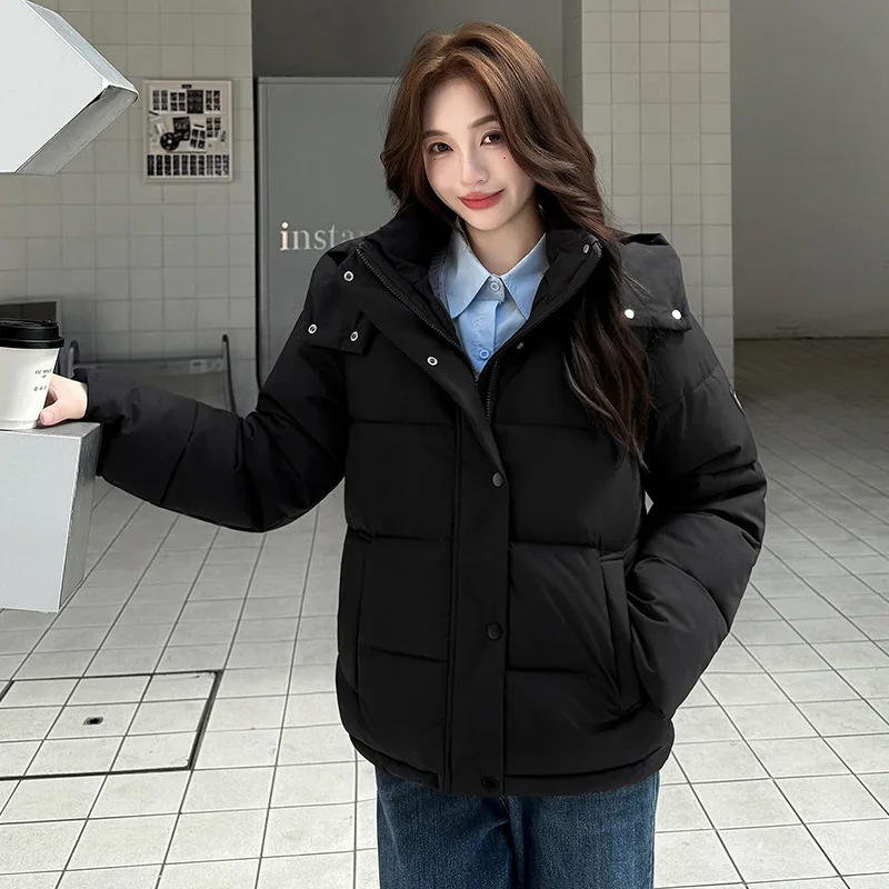 Hooded Women Solid Parkas Casual Splice Loose Short Jackets Pocket Full Sleeve Thick Coat Elegant Lady Autumn Winter 2025
