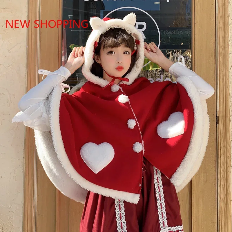 Kawaii Ponchos Winter Japanese Girl Sweet Lolita Cloak Cat Ear Hooded Pink Oversized Coats Women Cute Bat Sleeve Christmas Tops