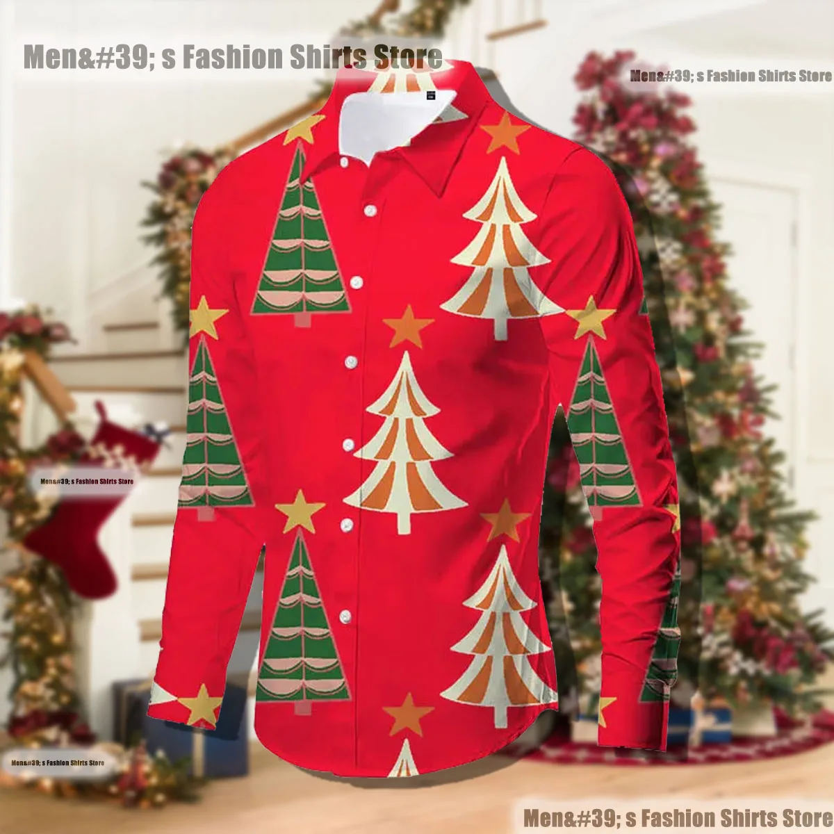 Christmas Men's Lapel Button Long Sleeve Christmas Tree Pattern Series Loose Casual All-match Shirt Large Size XS-6XL