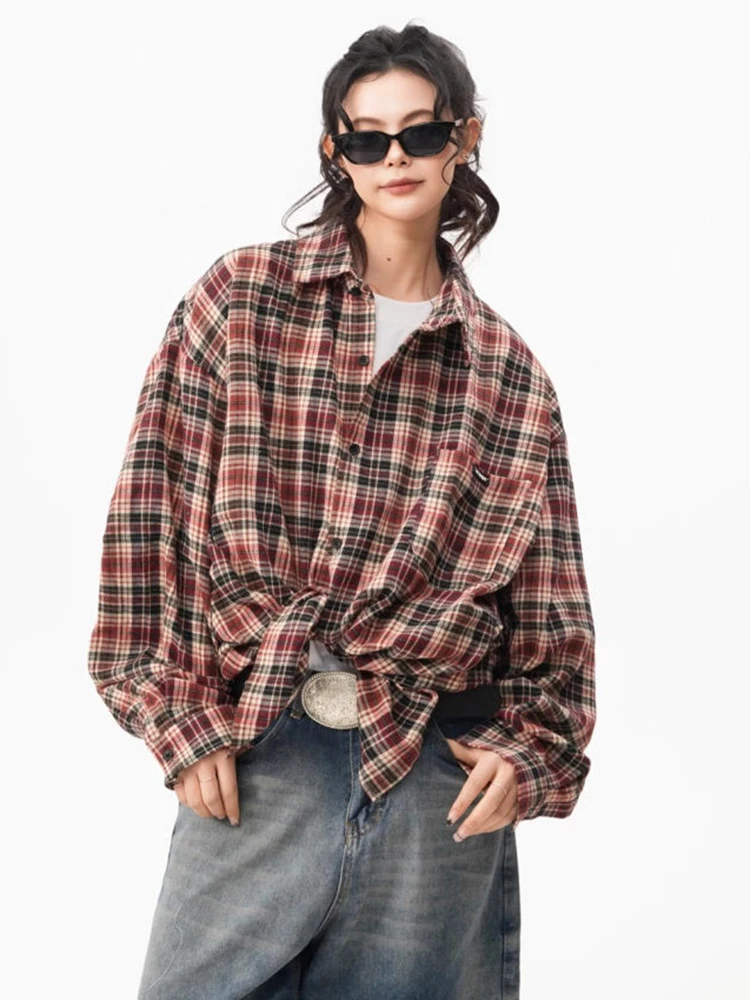 

Zoki Bf Harajuku Plaid Shirts Women Loose Oversize Hip Hop Streetwear Blouse Long Sleeve Vintage American Fall New Female Tops