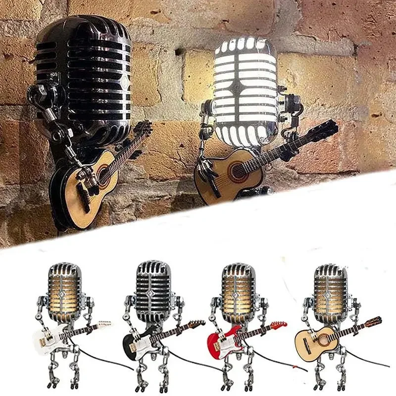 Retro microfono Robot scultura gioca chitarra Figurine di chitarra scrivania lampada a LED microfono in metallo Guitarist Office Home Craft Ornament