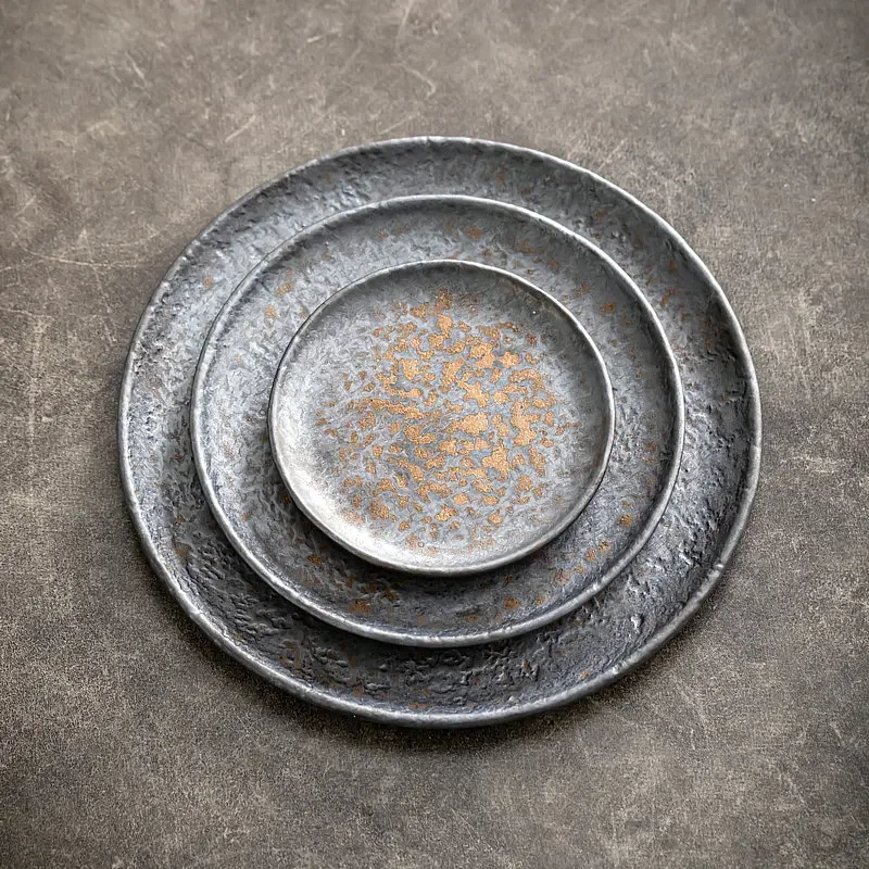Stoneware Hammer Pattern Shallow Plate Hotel Round Western Food Steak Plate Tableware Snack Salad Fruit Sushi Plate Tableware - view 3