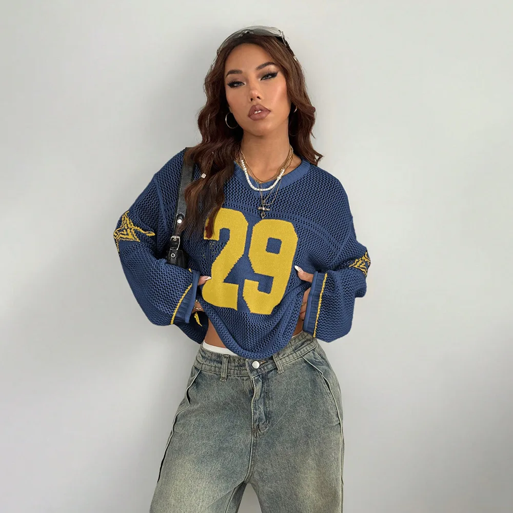 

Women's Knitted Mesh Sweater Digital Printing Fashion Trend Spring Autumn Street Style ClothesV Neck Long Sleeve Pullover Tops