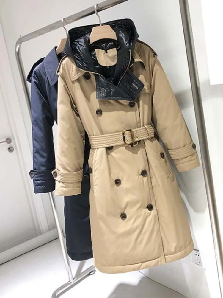 90% White Duck Down Jackets And Coat With Hooded For WInter Down Jacket Hooded Double Breasted Casual Long Trench Parkas