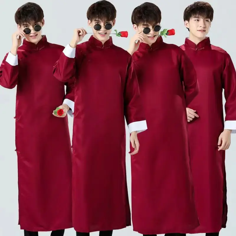 Red Cheongsam for Men Chinese Style Brothers Clothing Buttons Embroidered Slit Chinese Style Wedding Best Man Dress Tang Suit