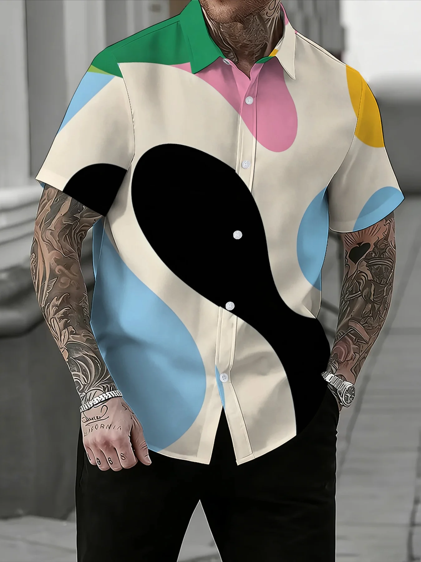 Summer Bright Abstract Color Block Men Short Sleeve Shirt Lightweight Multicolor Graphic Holiday Beach Casual Shirts