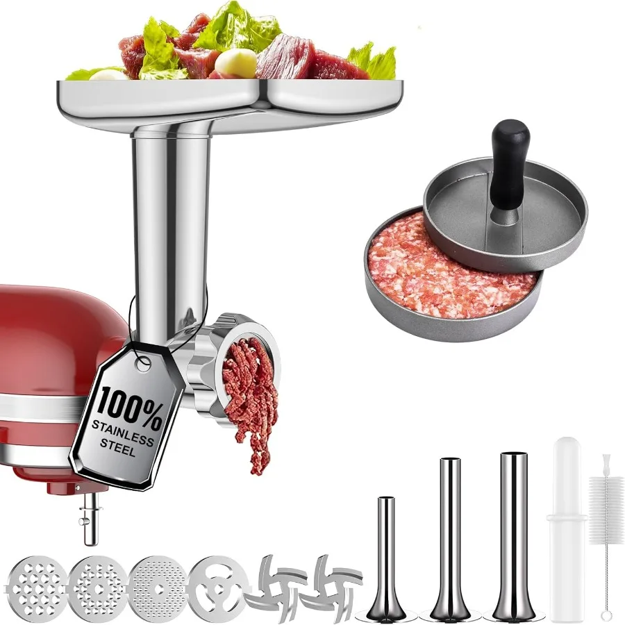 Accesorio para picadora de carne de acero inoxidable para batidora de pie: embutidor de salchichas versátil, prensa para hamburguesas y picadora de carne para cocina casera