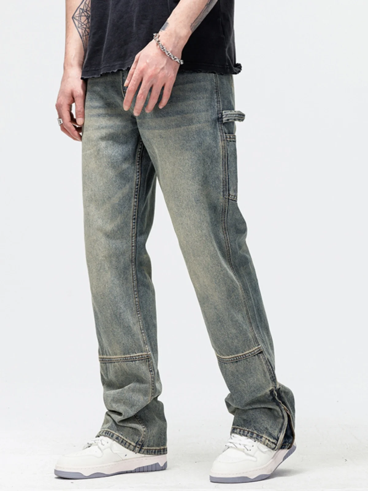 

Loose Straight Leg Workwear Jeans Men's Trendy Brand Bla Denim Multi-ket Zip Splicing Long Trousers Casual Youth Sle
