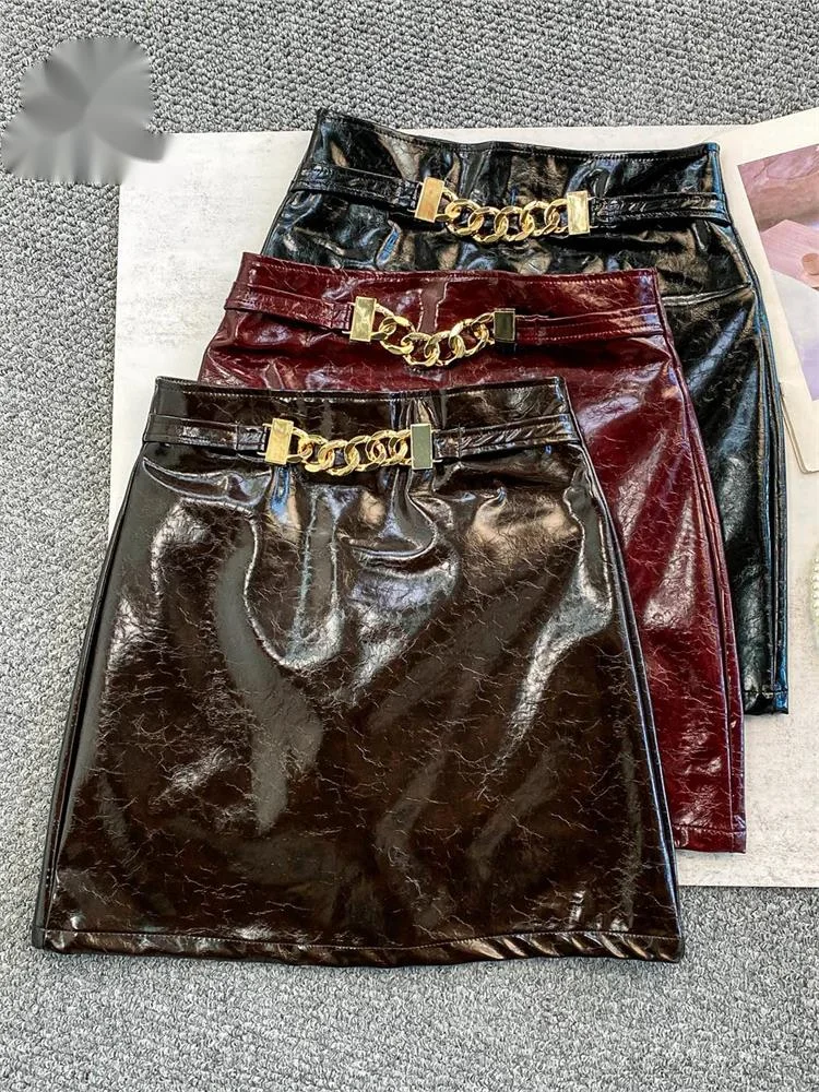 PU Leather Bodycon Skirt Autumn Retro Texture High Waist Slim Zipper Design Ladies Metal Chain Sexy Club Flirty Skirt