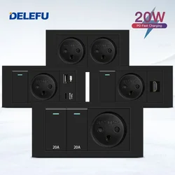 DELEFU Flame Retardant SC31 Panel 145mm Black Israeli Standard USB Type C Fast Charging Wall Socket Switch TV Tel CAT5 CAT6