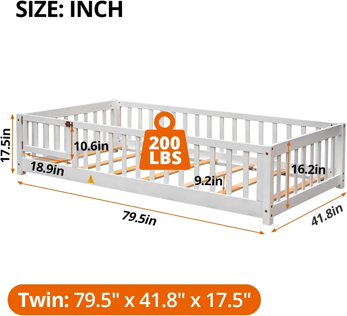 Cadre de lit Montessori en bois robuste pour enfants, lamelles en bois, clôture haute et petite porte, lit au sol Montessori pour filles et garçons, Wh