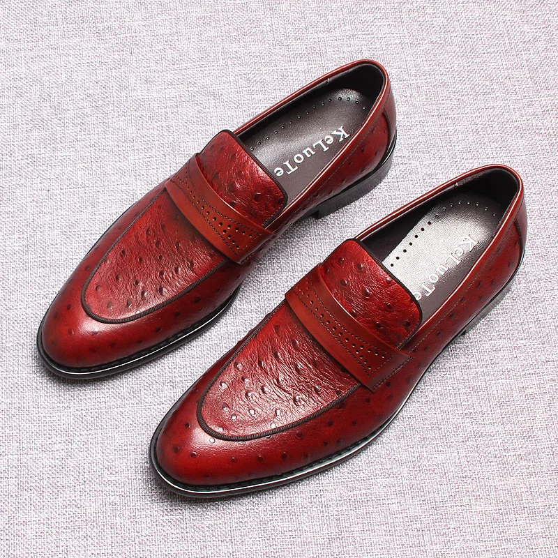 Genuine Leather Mens Loafers Shoes Ostrich Pattern Slip-On Round Head Party Wedding Dress Oxford Shoes For Men Black Burgundy