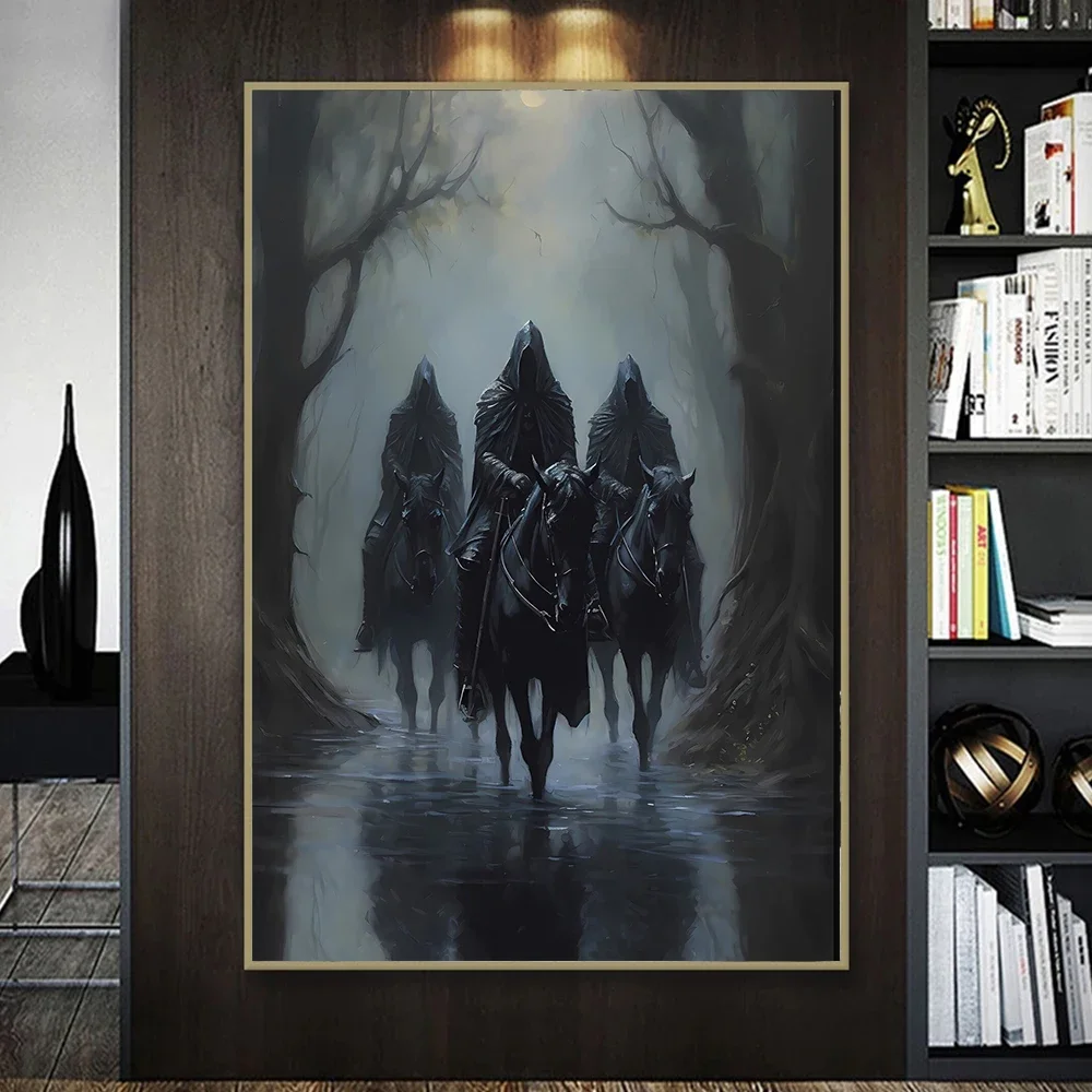 Gothic Dark Knight Poster Prints For Living Room Home Decor Iron Armor Warrior Riding Hell Horse Canvas Painting Wall Art Cuadro