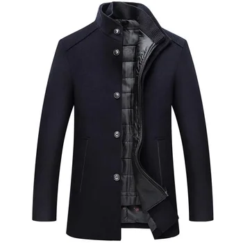 Men Winter Windbreaker Long Thick Wool Jackets Abrigo Hombre Man Stand Collar Single Breasted with Vest Woolen Coats 4