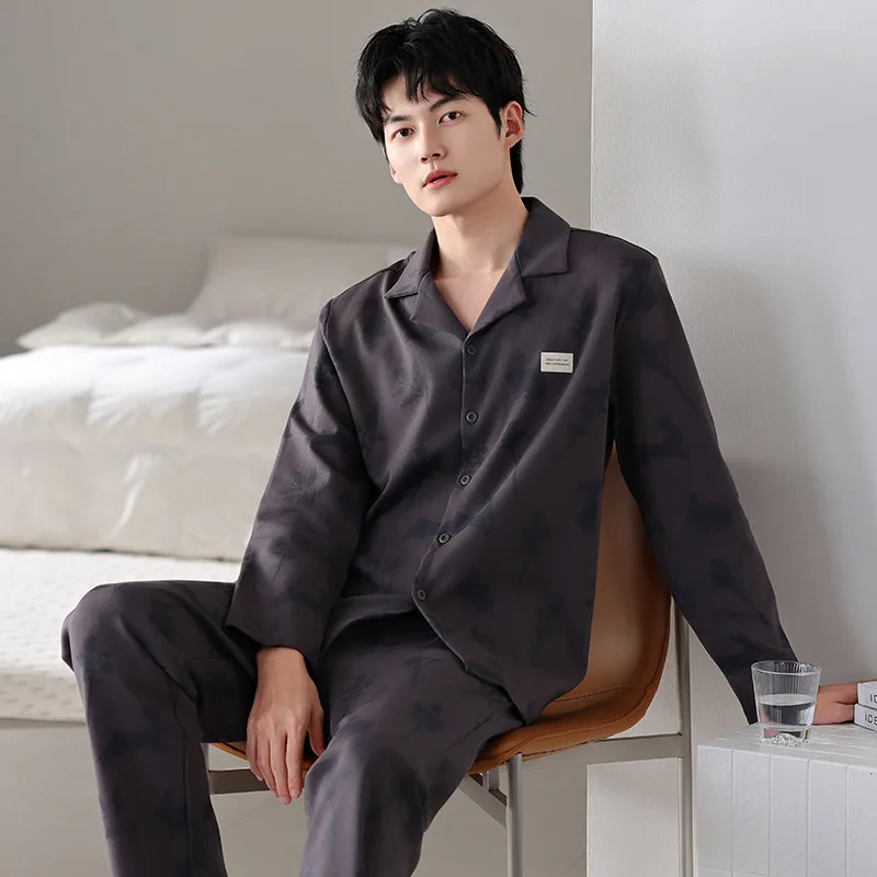 New Pure Cotton Men's Pajamas For Spring And Autumn, Long Sleeved Lapel Cardigan, Simple Casual Home Suit Set, Can Be Worn Outsi