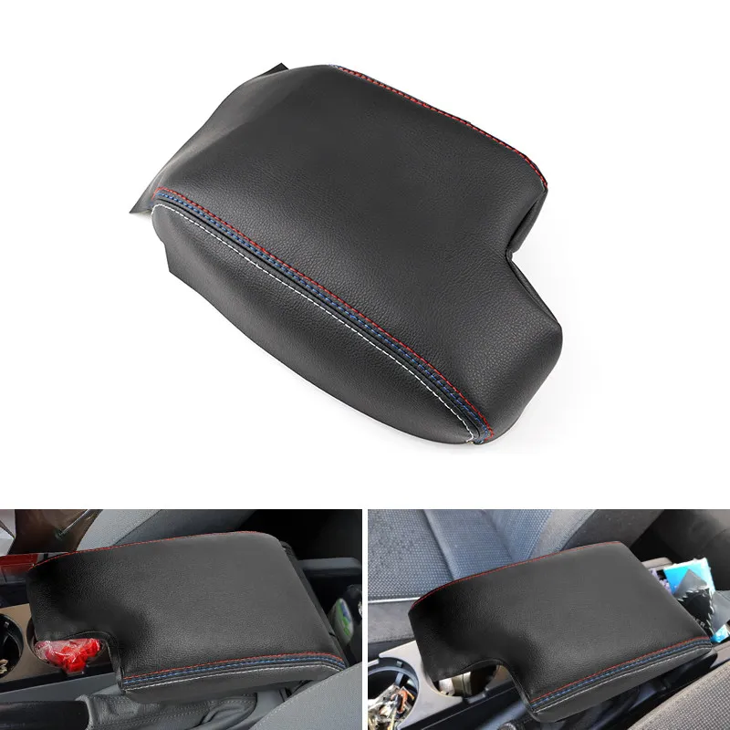 For BMW 3 Series E46 1998- 2005 Car Interior Center Console Lid Armrest Box Microfiber Leather Cover Decor Black-red&blue line