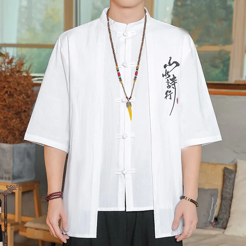 

New Chinese Style Shirt Mens Tops Tang Suit Linen 3/4 Sleeve Traditional Kung Fu China Type Hanfu Shirt Male Big Size loose Tops