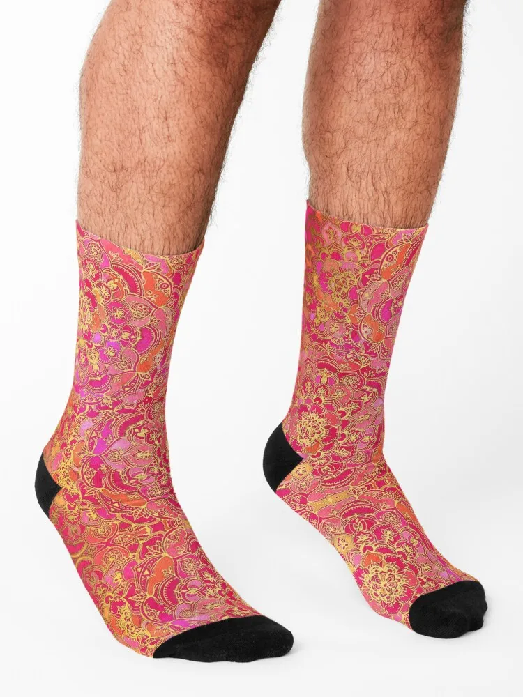 Hot Pink and Gold Baroque Floral Pattern Socks warm winter designer brand anti-slip crazy Luxury Woman Socks Men's
