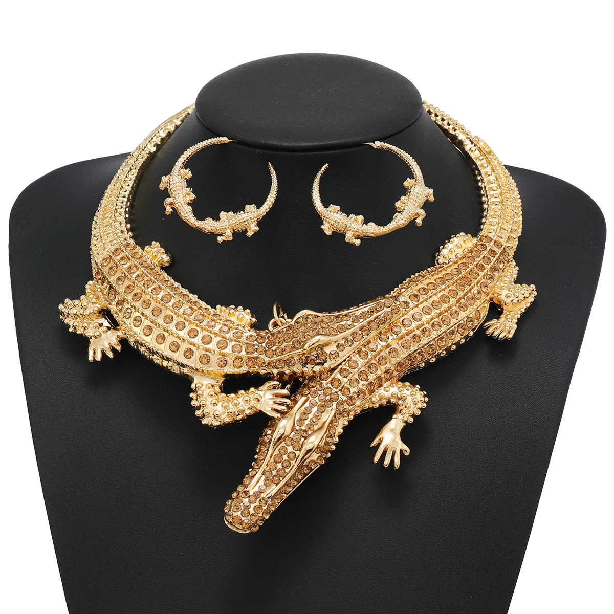 Europe and America Vintage Women\'s Jewelry Sets Multi Colors Crocodile Rhinestone Pendnts Choker Necklace Hoop Earrings Set New