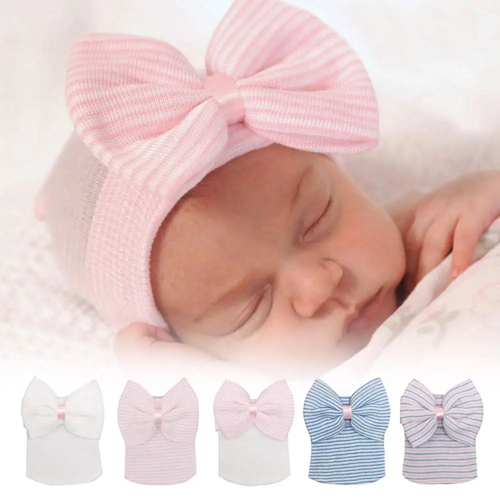 Cotton Knitted Baby Hat Baby Nursery Beanie Cap with Bow Cute Stripe Infant Hat Soft Turban Hats for Baby Girls