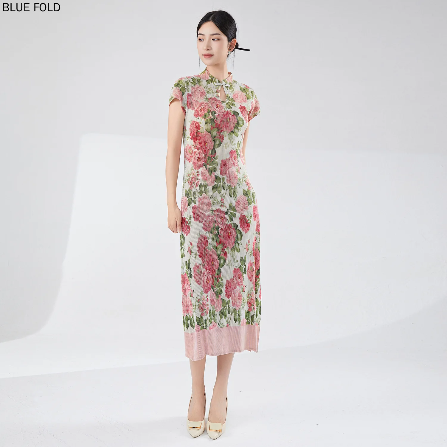 

Miyake's Improved Version of Cheongsam for Women, New Chinese Style, Printed Slit, Mid-length, Elegant Dress, PLEATS, Summer