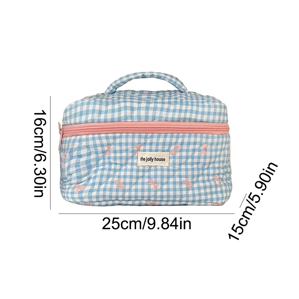 Checkered Cute Bow Makeup Bag Cotton Quilted Cosmetic Bag with Zipper Travel Makeup Pouch Toiletry Bag for Women