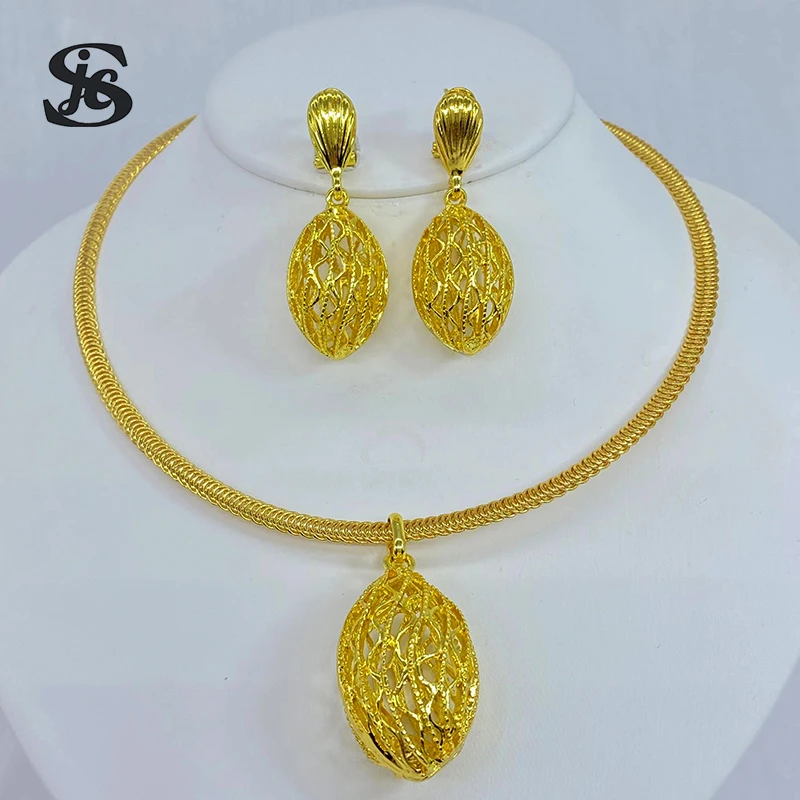 

Dubai Hot Selling Boutique Fashion Gold Plated Hollow Out Jewelry Big Earrings Necklace For Women Anniversary Gift Wedding Party