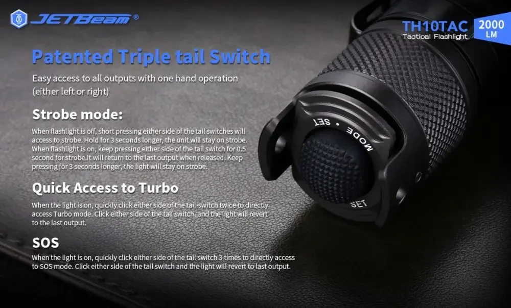 Jetbeam TH10 TAC 2000 Lumen Tactical Flashlight Rechargeable Flashlights Edc Led Waterproof Torch Light фонарик lampe de poche - Image 6