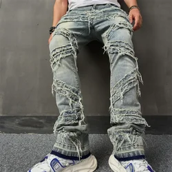 Ripped Men's Jeans Stretchy Denim Streetwear Tearing Patchwork Holes Ripped Denim Loose Casual Pants Slim Fit Straight Trousers