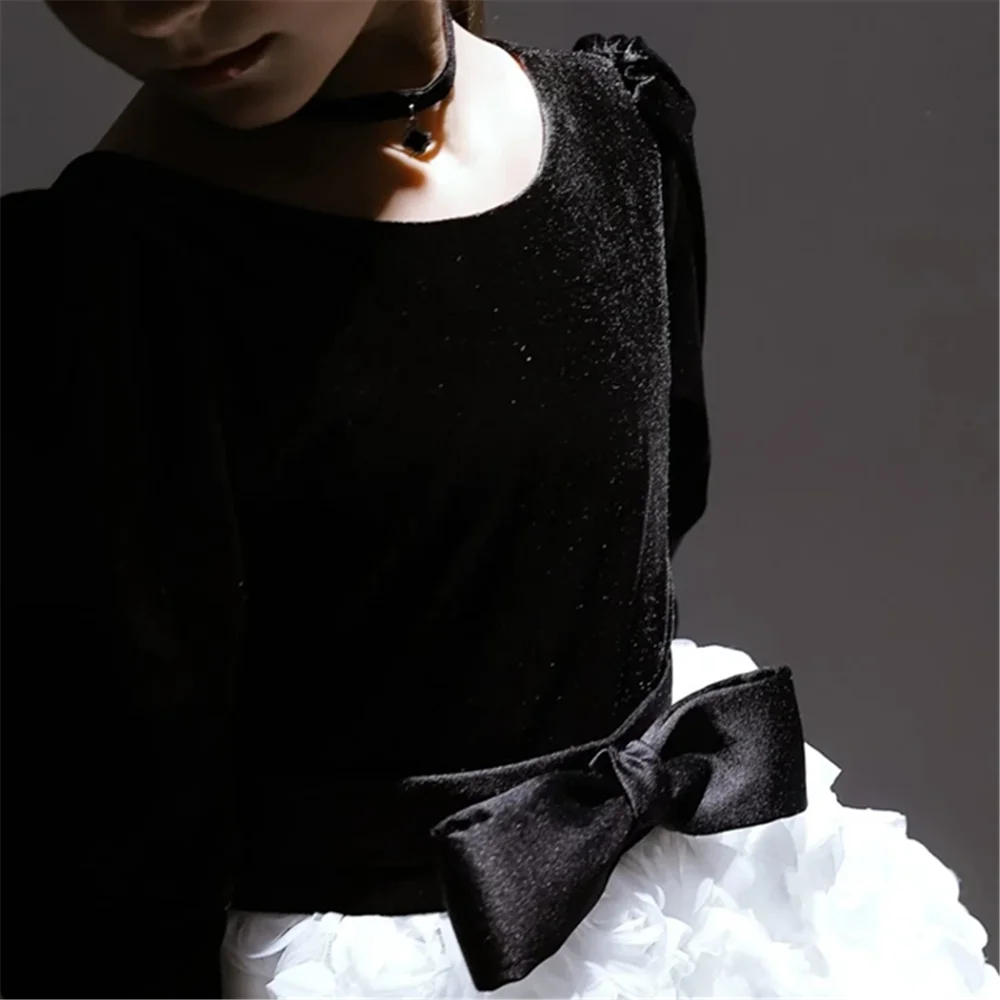 Elegant Black Velvet Flower Girl Dresses Ball Gown Scoop Ruffles Flowers Bow 2025 Fairy Birthday Party Dress Customized