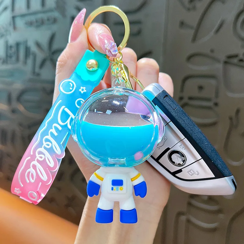 Creative Oil Spaceman Shape Bottle Keychain Creative Liquid Floating Colored Beans Pendant Keyring Couple Bags Keyfob Accessorie