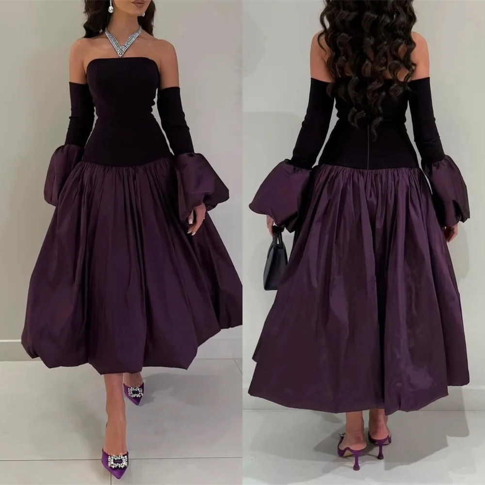 사용자 정의 보라색 저지 이브닝 드레스 절묘한 Strapless 분리형 슬리브 홈 커밍 드레스 클래식 지퍼 백 칵테일 드레스