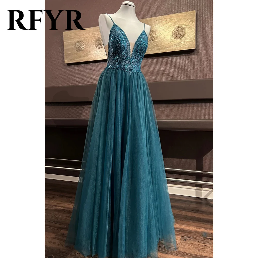 

RFYR Deep V-Neck Evening Dress Lace Appliques Sequins Tulle Vestidos De Noche Elegant Spaghetti Straps Backless Party Dress