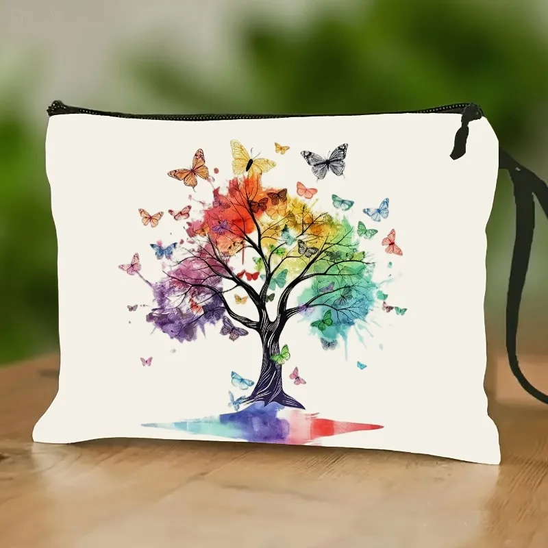 

Colorful Tree of Life Organizer Pouch - Butterfly Makeup Bag with Wrist Strap, Toiletry Bag, Pencil Case, Coin Purse - Artistic