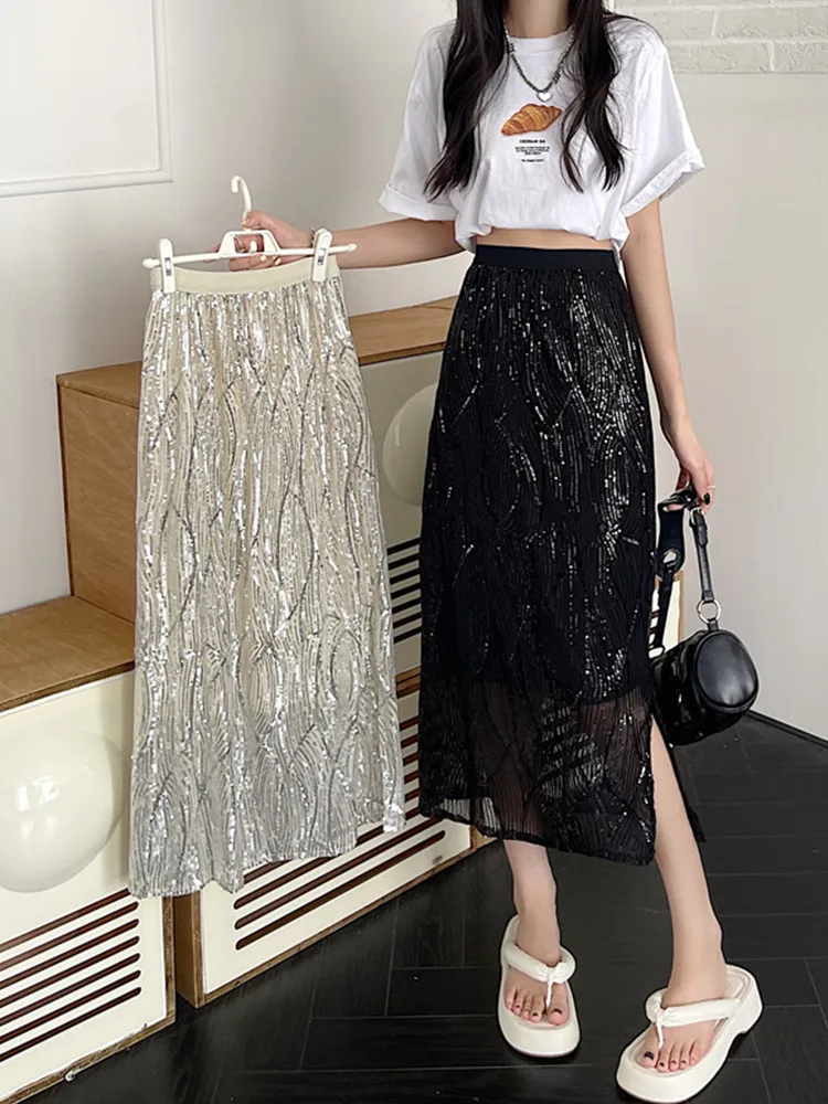iny Sequin f-length Skirt Women's Mid-length High-waist Straight-cut Bodycon Skirt Hip-concealing Split Skirt Commute Sle