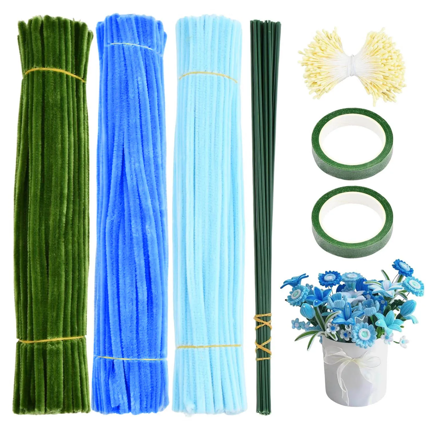 300pcs Pipe Cleaner Set, Blue Tulip Bouquet Pipe Cleaner, 20 Pcs of Green Rod Wire, 150 Flower Stamens, 2 Tapes, for Handcrafted