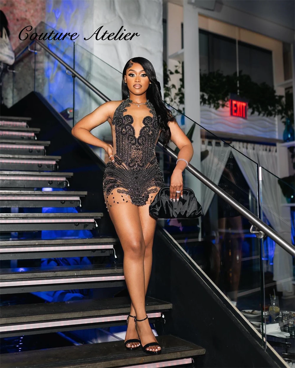 Black Halter Prom Dress Rhinestones Bead 2024 Birthday Luxury Dress African Mini Cocktail Party Gown Black Girls Customized view 2