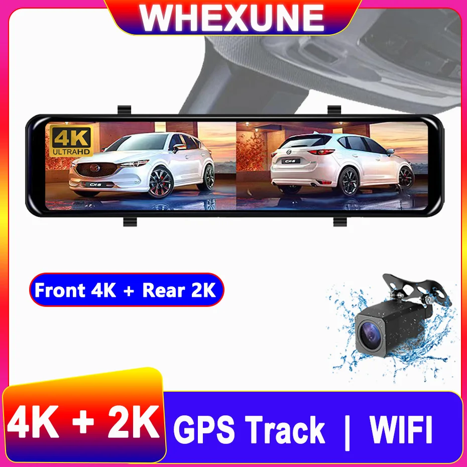 12 Inch WIFI Car DVR 4K 2160P Video 2K Rear View Mirror Recorder Dash Cam GPS Track Ultra HD 3840*2160P Camera for Phone App