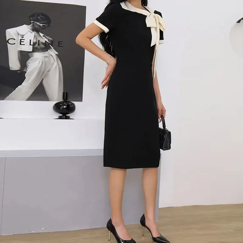Sexy Tie Up Bowknot O-neck Party Dresses Spring Contrast Color Slim Bodycon Hips Dress Women Short Sleeve Patchwork Summer Dress