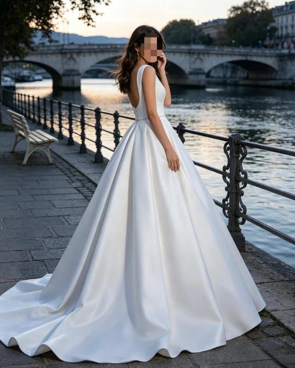 Customized Elegant A Line Wedding Dress Sleeveless Deep V Neck Sweep Train Crystal Trim Side Pockets Gloss Satin Bridal Gown