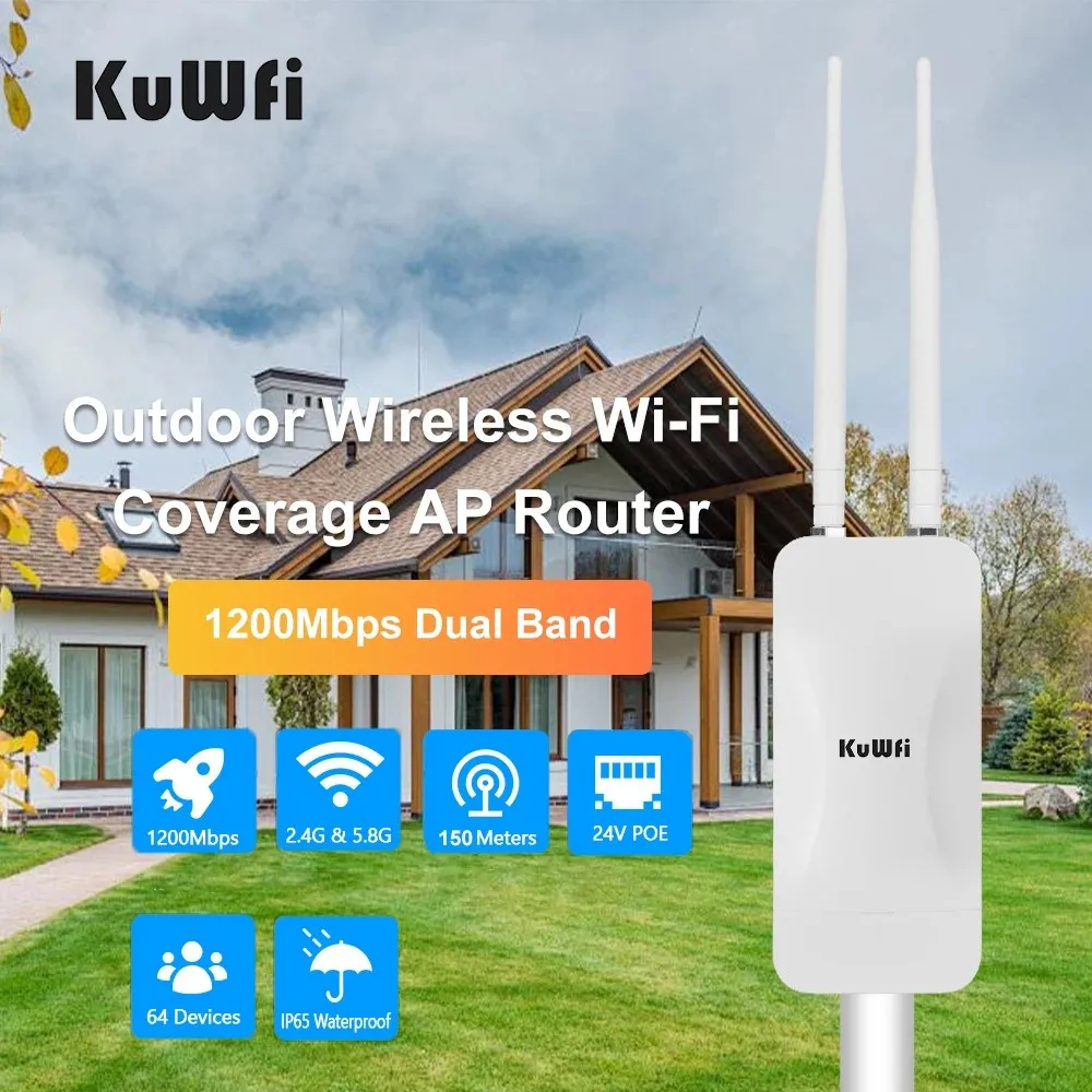 KuWFi 1200Mbps Dual Band AP Router Outdoor Waterproof High Power Wi-Fi Router Wireless Extender  with High Gain external antenna