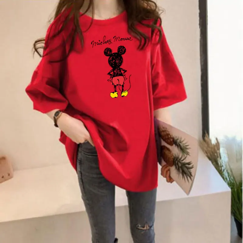 

Disney Mickey Minnie Women's Short-Sleeved T-shirt Girl Summer Solid Color Mid-Length Loose All-Match Mickey Mouse Printing Top