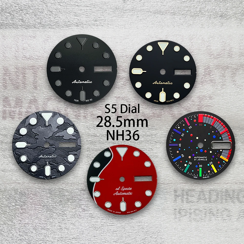 

28.5mm S Logo Camouflage Dial Suitable For NH36/4R36 Movement Green Luminous Dual Calendar Quality Watch Refit Accessories