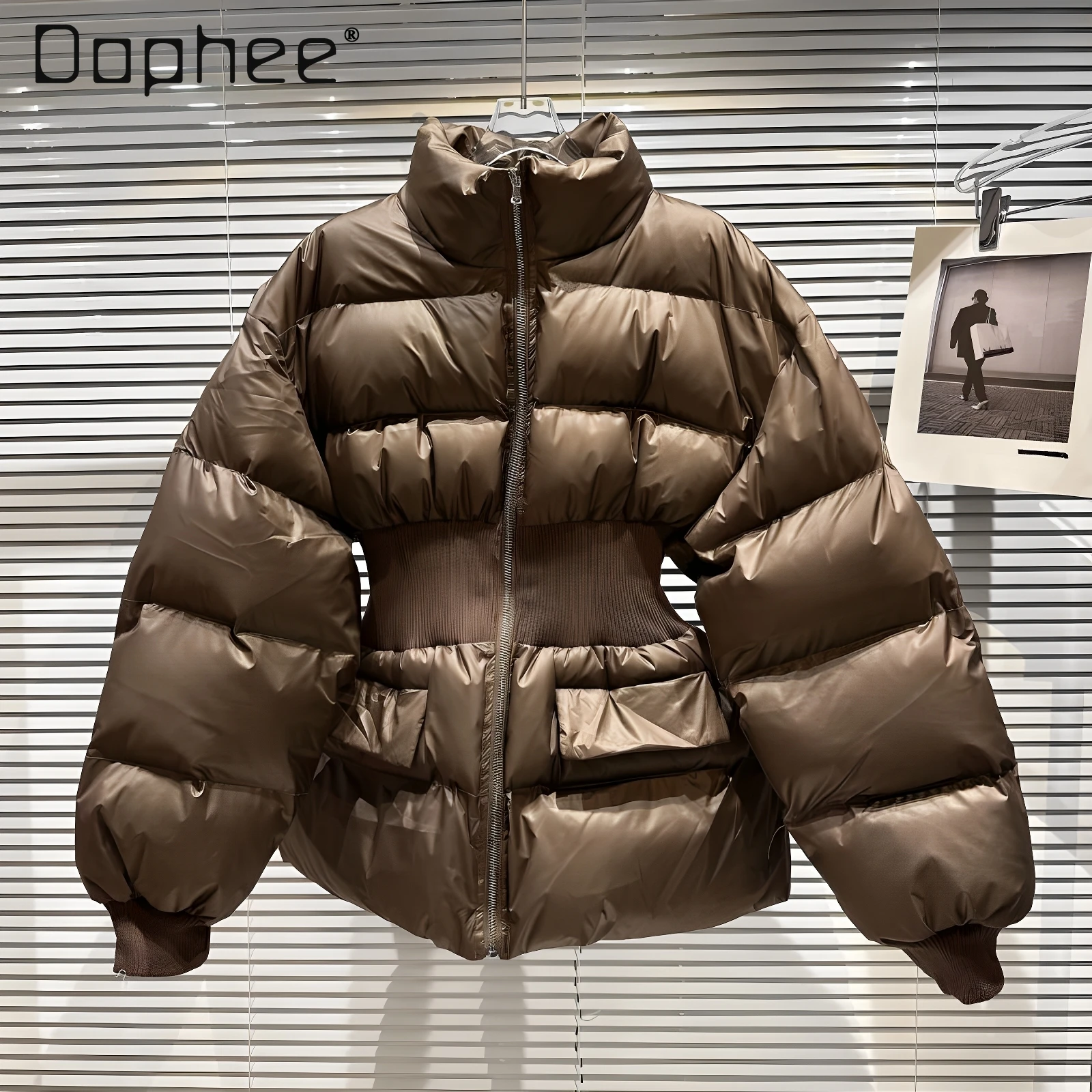 Winter New Trend Street Stand-up Collar Elastic Waist Thickened Warm Down Jacket Solid Color Fashion Versatile Slim Coat Women