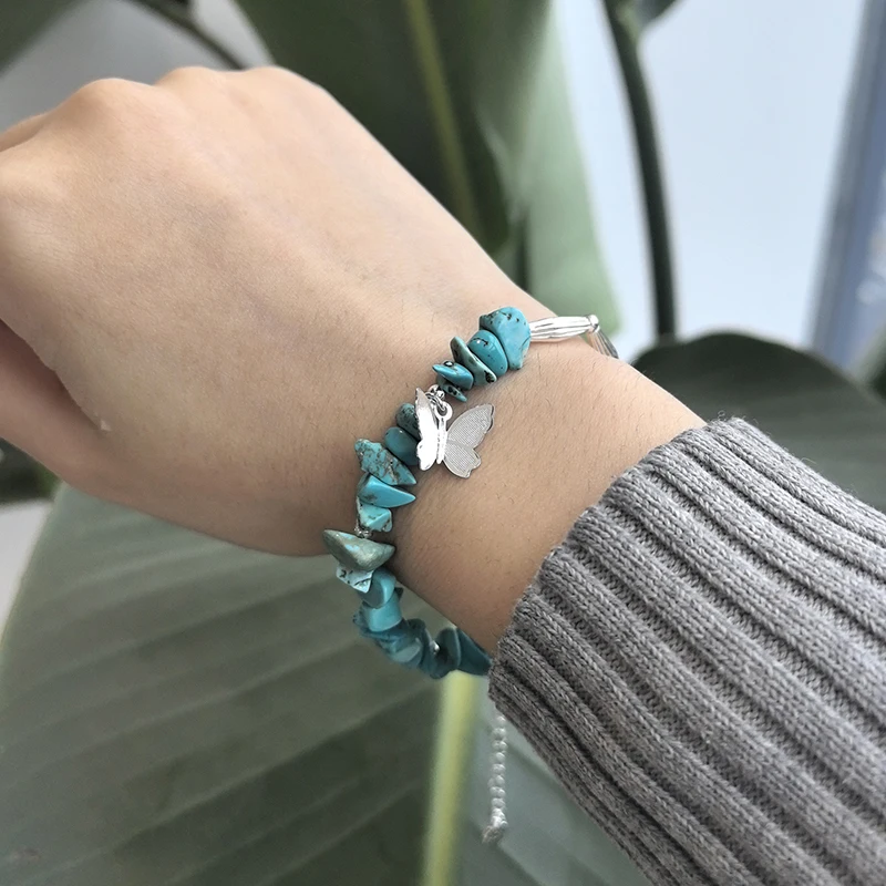 

100% 925 Sterling Silver Natural Turquoise Stone Bamboo Joint Butterfly 14K Gold Family Tree Bracelet For Women Birthday Gift