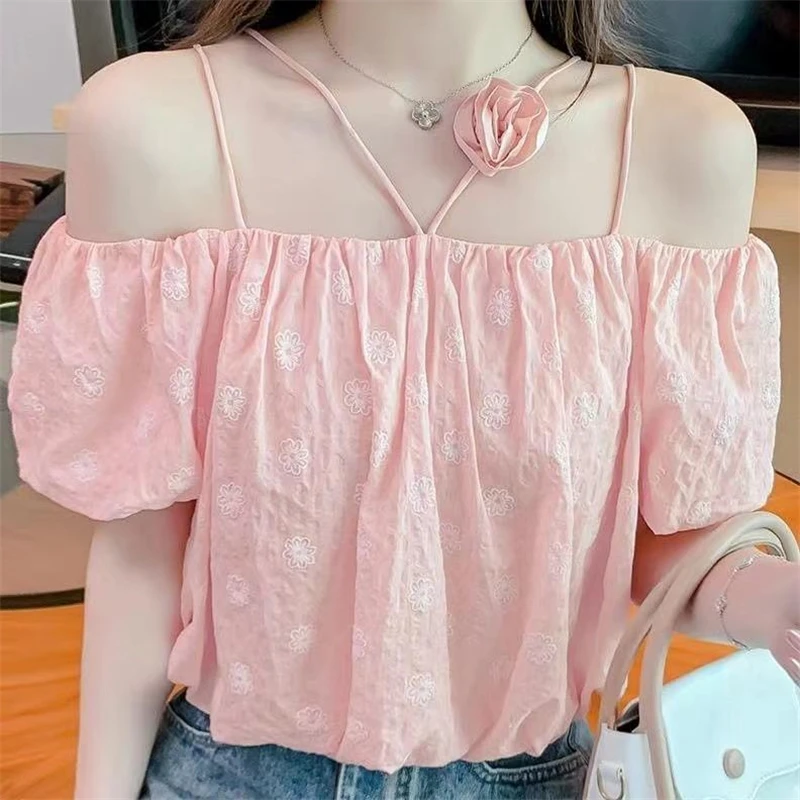 Blusa con hombros descubiertos y espalda descubierta para mujer, camisa de manga corta con estampado de flores en 3D, color rosa, informal y elegante