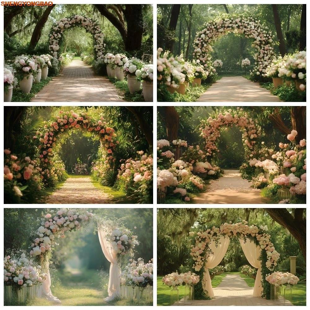 

Spring Wedding Party Backdrop for Photography Forest Flowers Arch Outdoor Scenery Bridal Shower Bride Portrait Photo Background