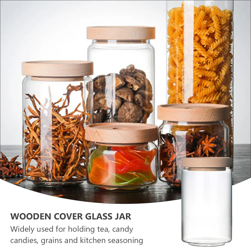 

Wooden Lid Glass Storage Jars Sealed Containers Moisture Proof Tea Grain Kitchen Seasoning Clear Food Canisters