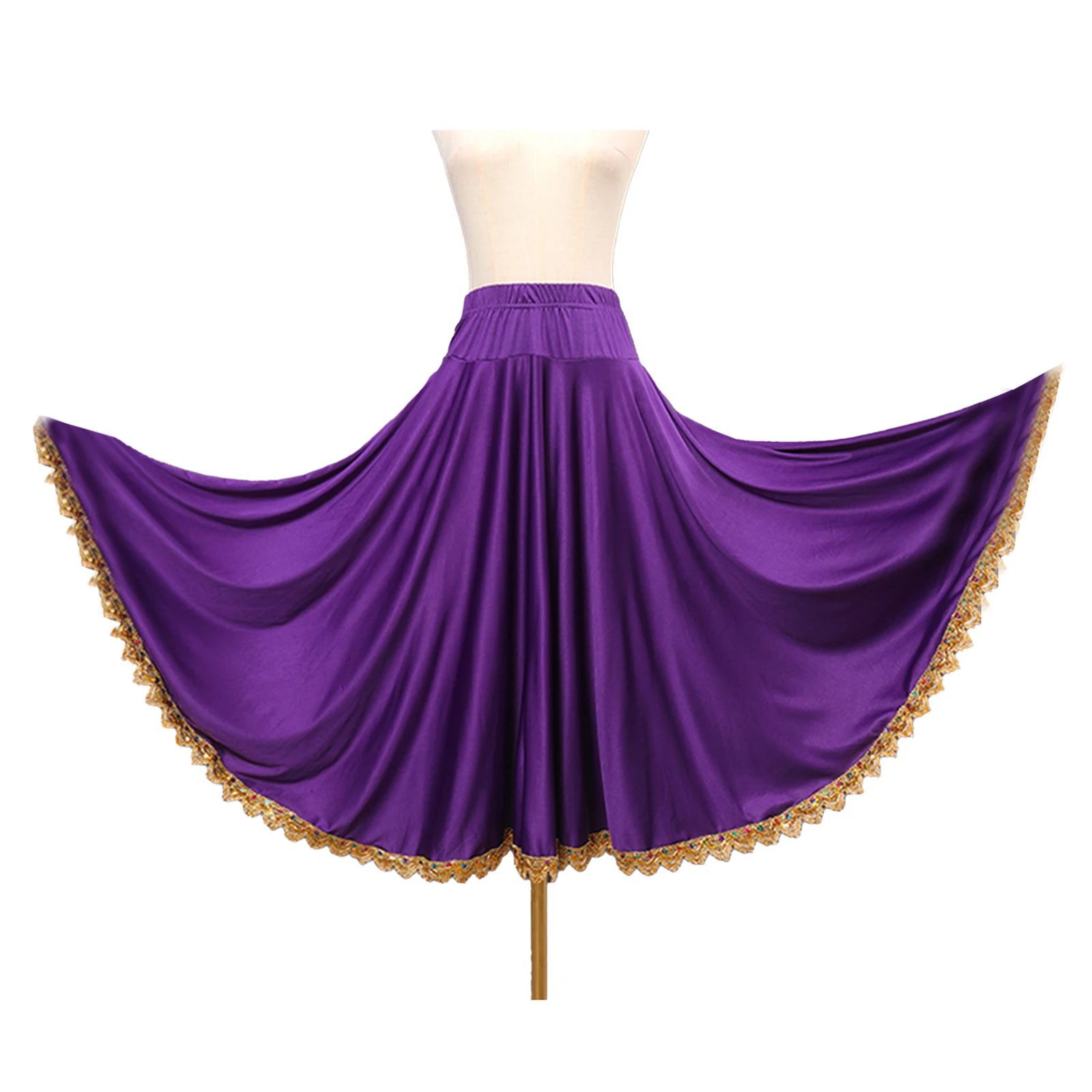 Jupe de danse de salon pour femmes, jupe de danse de valse Flamenco, garniture dorée, grande balançoire, jupe longue espagnole pour Costumes de danse ethnique carrée