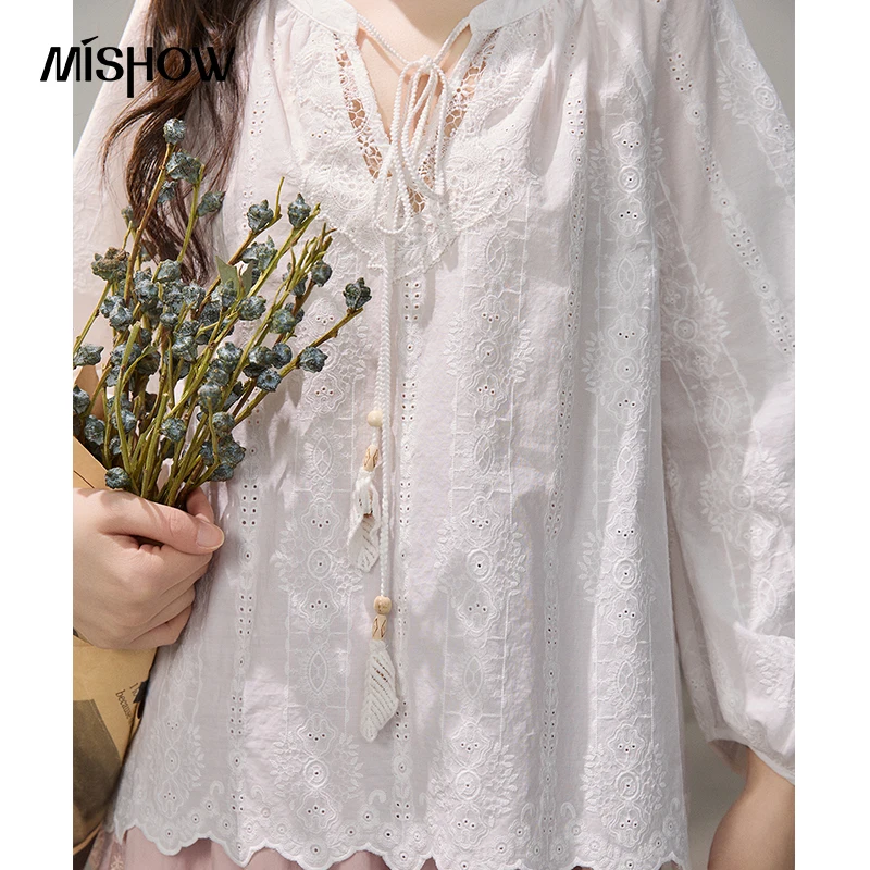 MISHOW Embroidered Hollow Out Blouse Spring 100 Cotton Lace-up V-neck Puff Sleeve Top Scallop Hem Casual Loose Shirts MXF16X2569